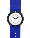 A wristwatch with a vibrant blue silicone strap, a black round bezel, and a white dial featuring black Roman numerals and gold-tone hands.