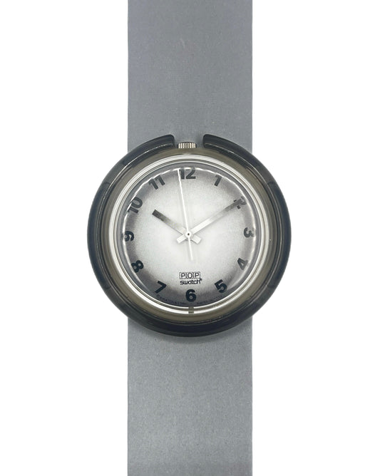 Wristwatch with a gray strap and black case on a white background