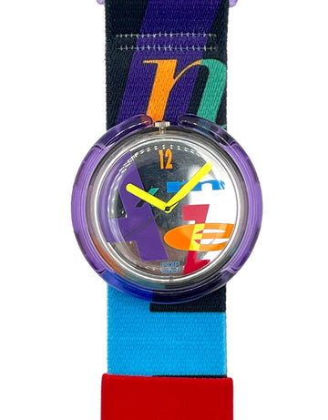 A Swatch wristwatch with a colorful, patterned fabric strap and a translucent purple bezel, shown against a plain white background.