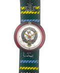 Swatch watch with colorful strap on a white background
