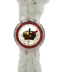 Watch with a red and silver design on a marble surface