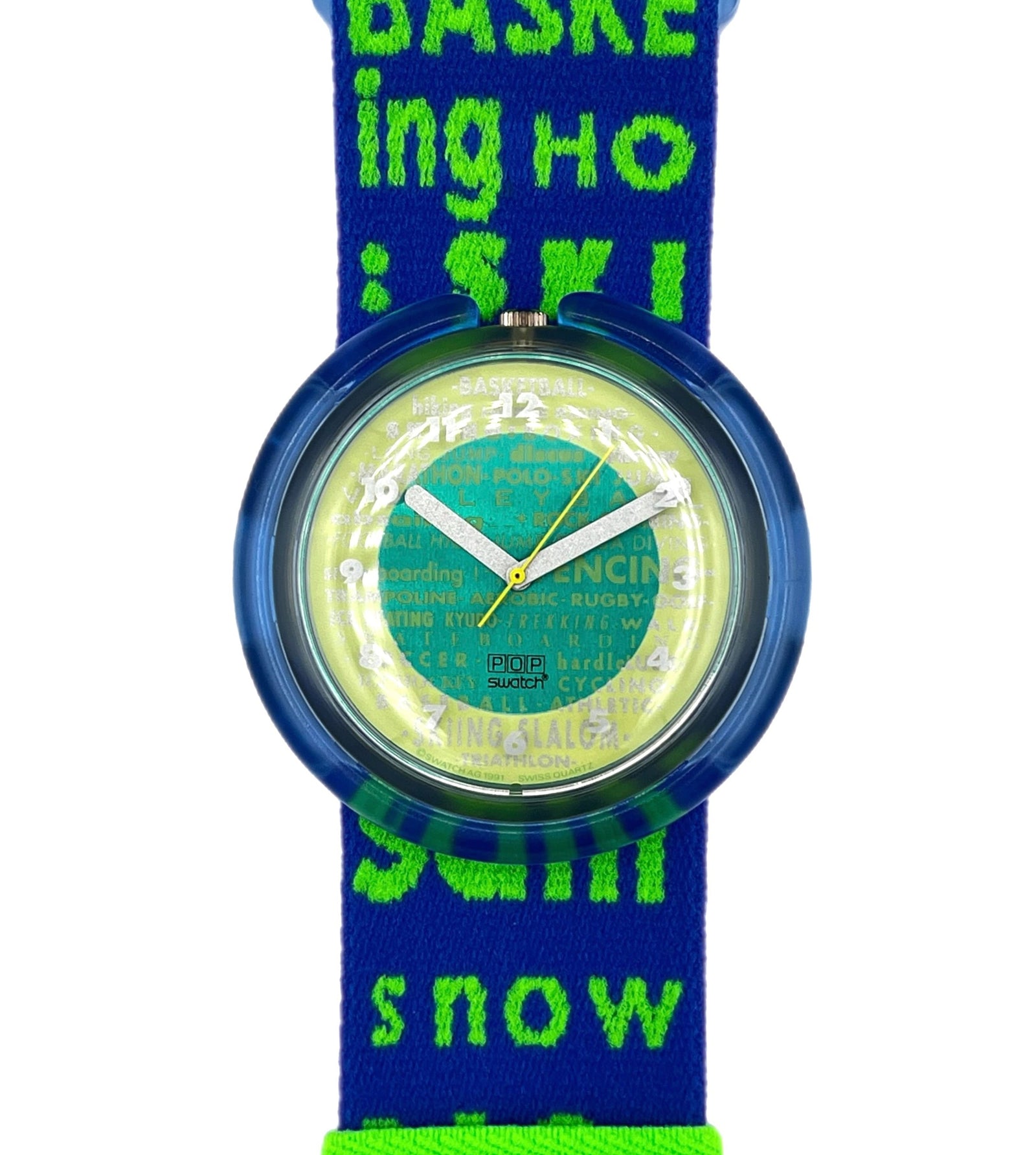 Watch with blue and green strap featuring text on a white background