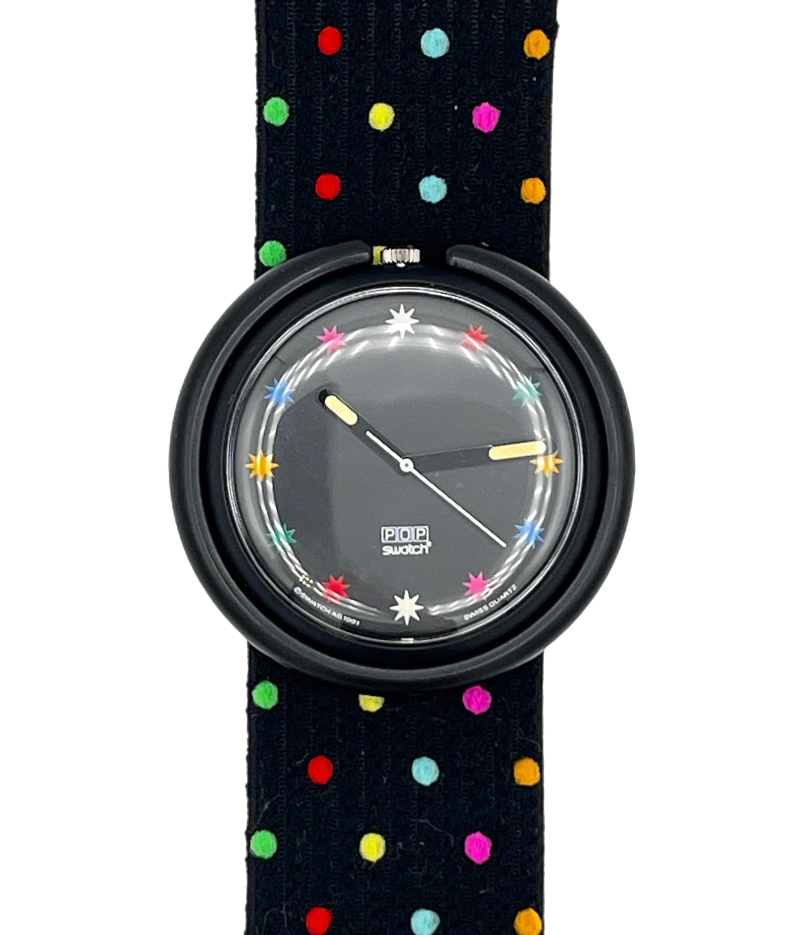 Wristwatch with a black strap featuring colorful polka dots on a white background