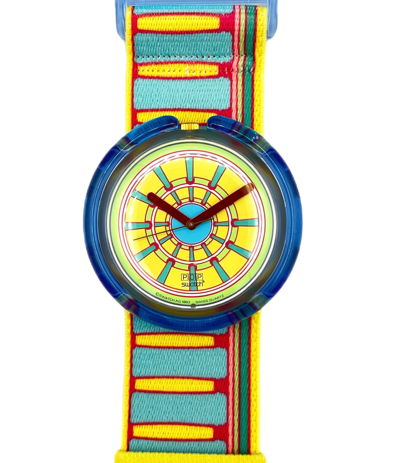 Colorful watch with a striped strap on a white background