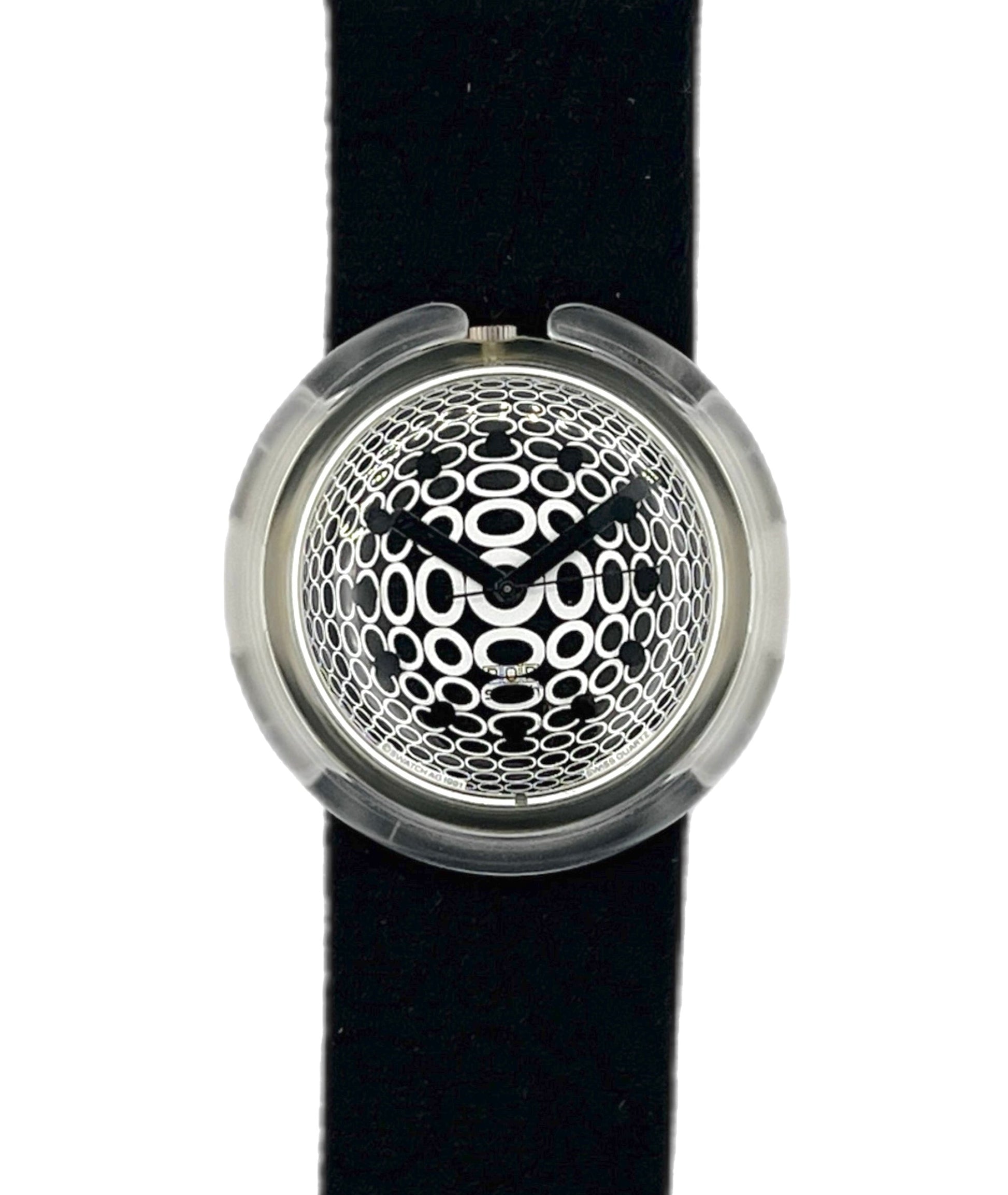 A wristwatch with a black strap and a round silver-toned case featuring a distinctive black-and-white geometric pattern dial.