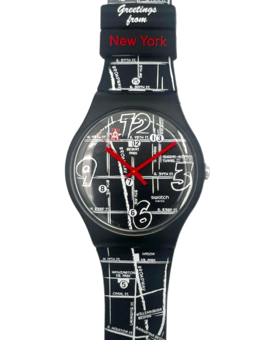 Watch with a map design and 'Greetings from New York' text on a white background