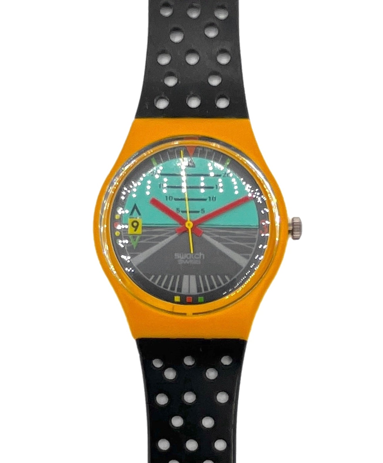 Colorful watch with a black and orange strap on a white background