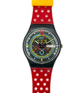 Colorful watch with a red strap on a white background