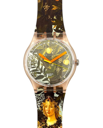 Watch with a unique strap design featuring a portrait and nature elements on a white background
