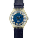 Watch with blue face and strap on a white background