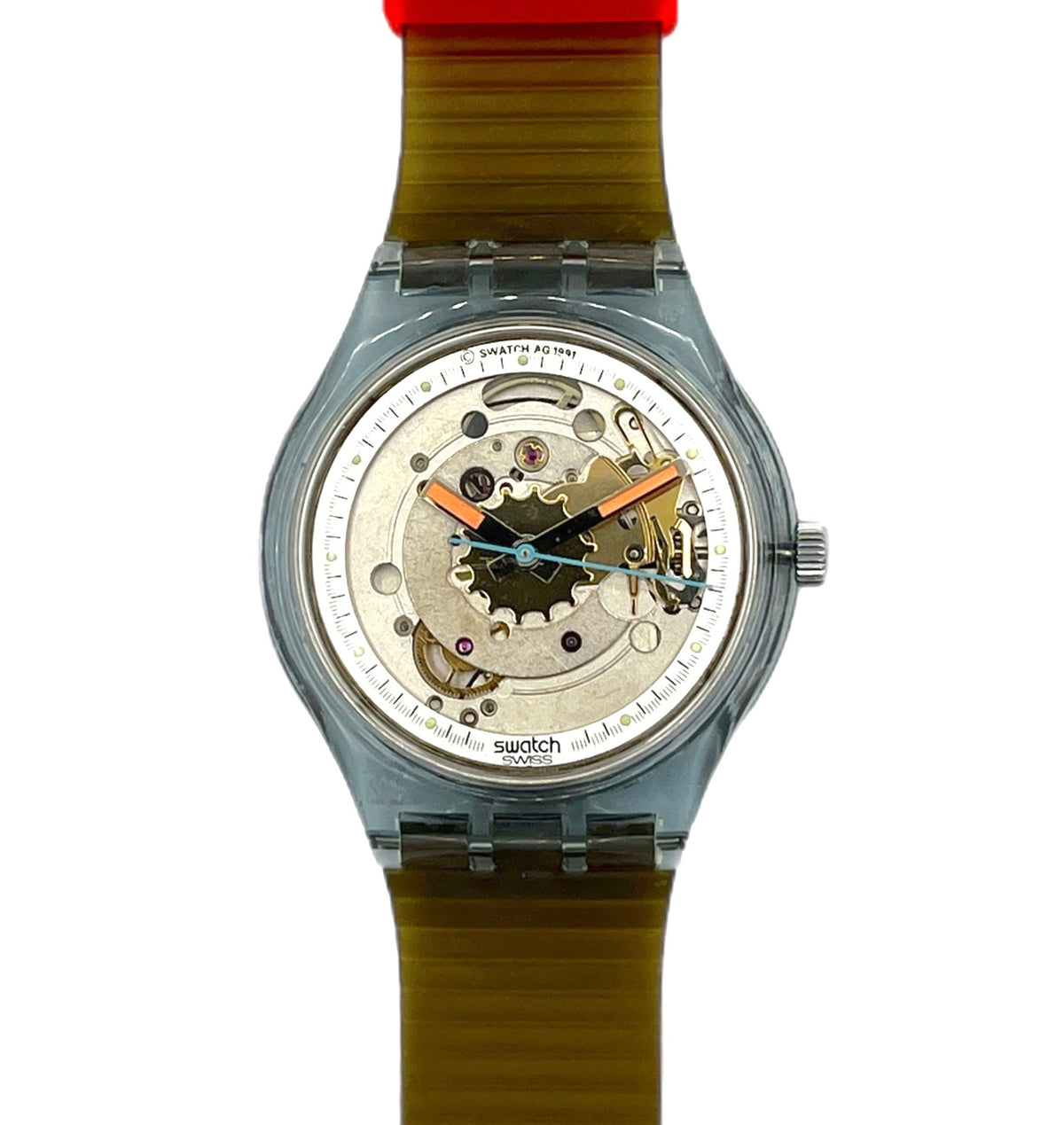 Swatch watch with a red and brown strap on a white background