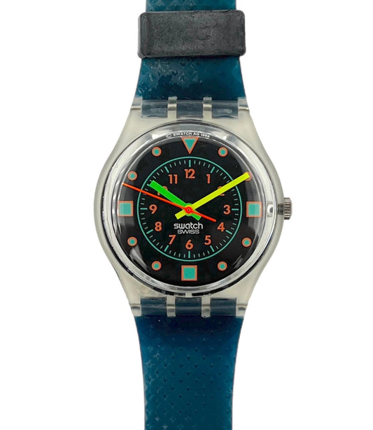 Swatch watch with a blue strap and colorful face on a white background