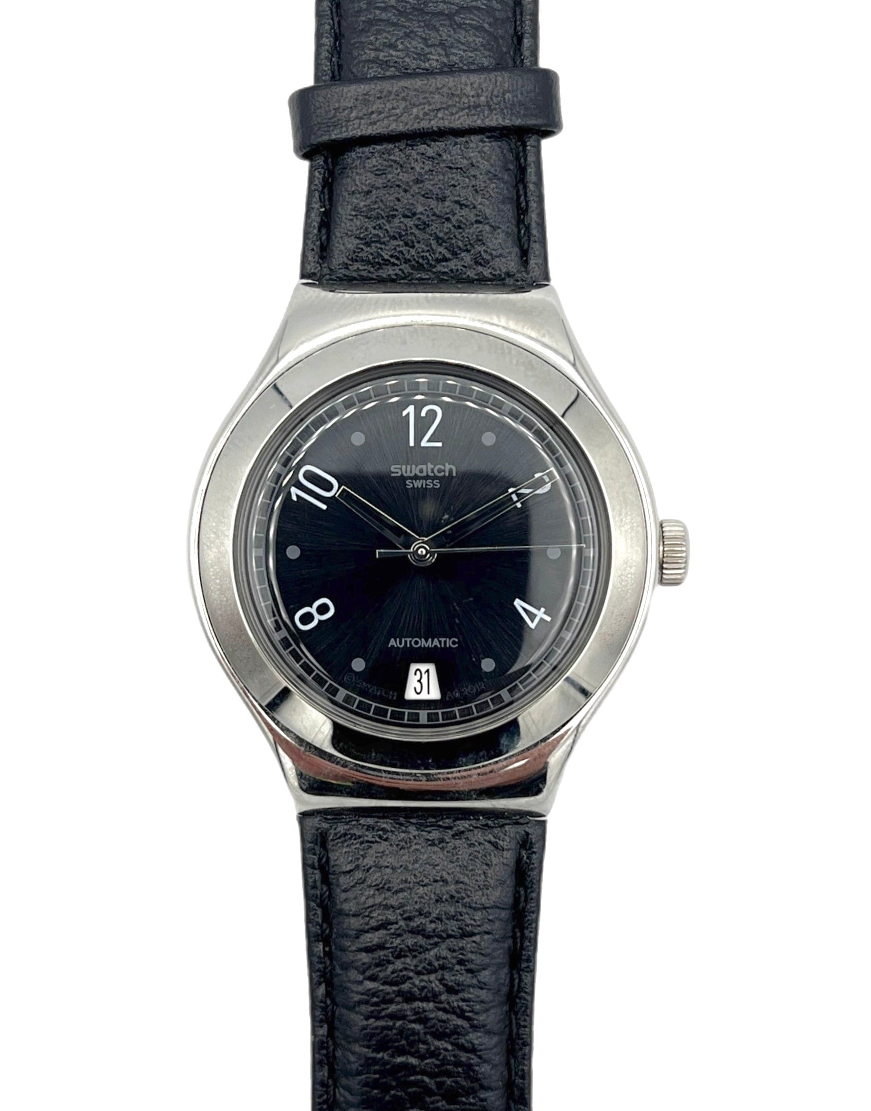 Wristwatch with black leather strap and dark face on a white background
