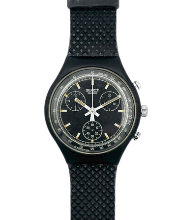 Black Swatch watch with detailed face on a white background