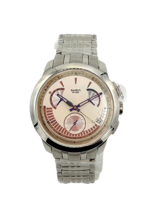 A Swatch stainless steel watch with a silver-tone metal link bracelet, a round silver case, and a cream-colored dial featuring brown sub-dials and silver hands.