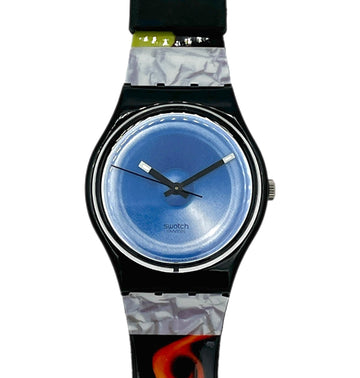 Swatch watch with a blue face and colorful strap on a white background