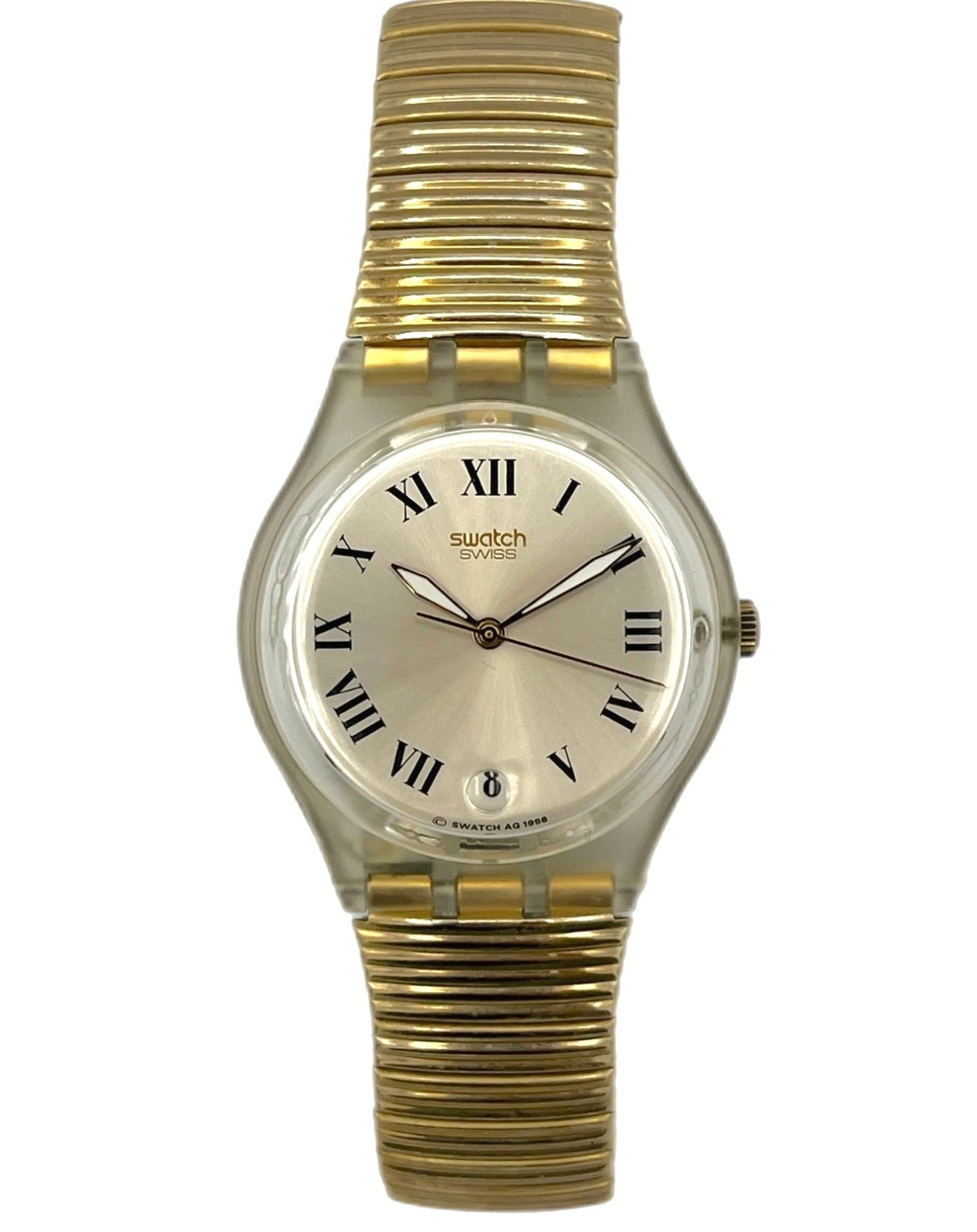 Gold wristwatch with a white face on a white background