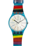 Swatch wristwatch with a bright blue case and a colorful rainbow-striped strap on a light gray background.