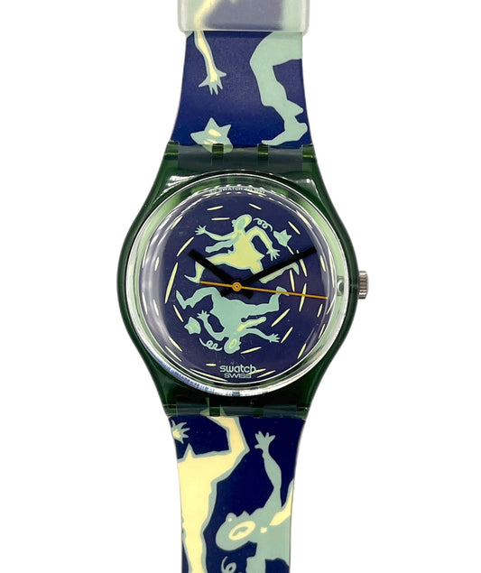 Swatch watch with a blue and white design on a white background