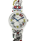 Swatch watch with colorful, abstract design on a white background