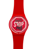 A red silicone watch with a round dial featuring the text 'Don't Stop Me!' in white and black on a red stop-sign motif, shown against a plain white background.