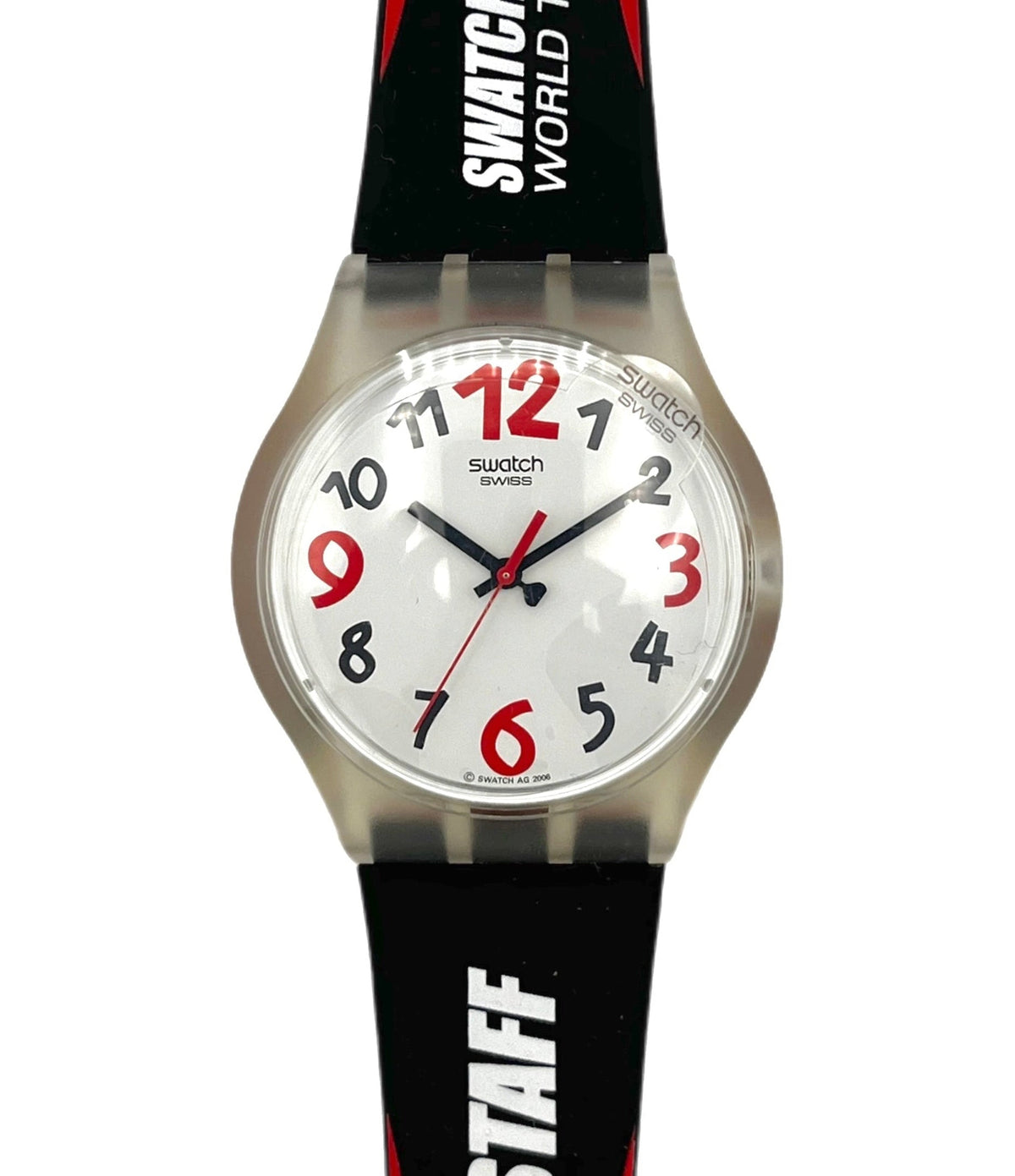 Swatch watch with black strap and visible brand logos on a white background