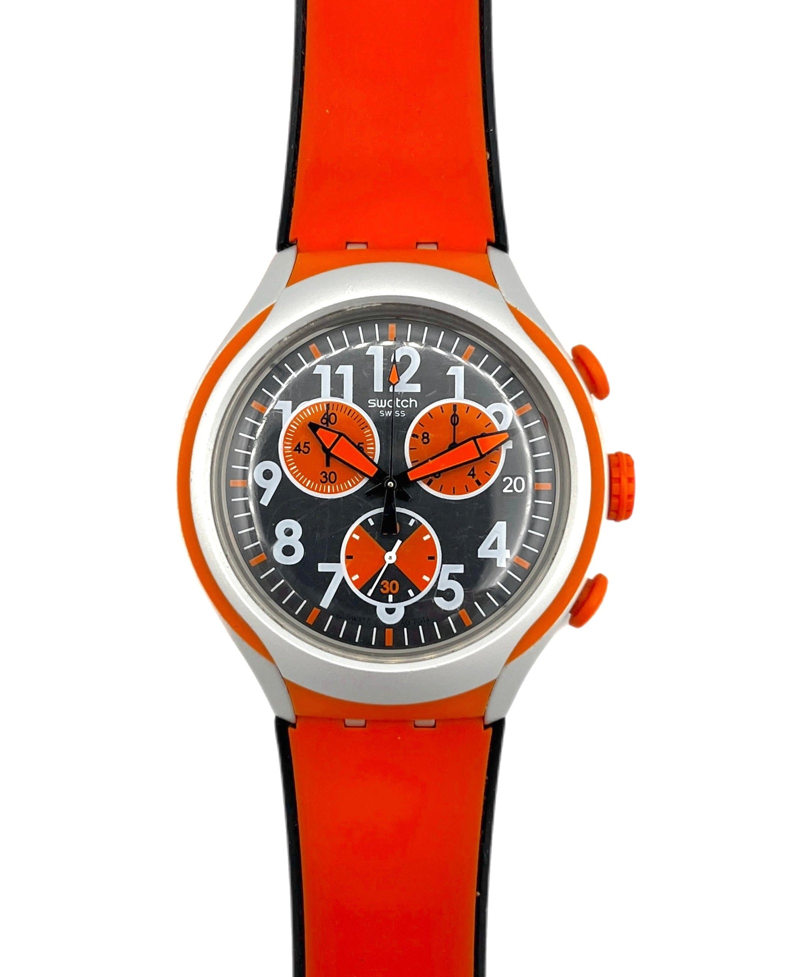 Swatch watch with orange strap and black dial on a white background