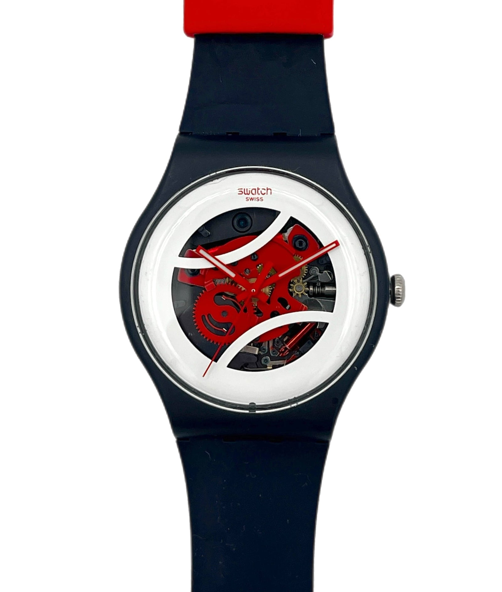 Watch with a red and black face on a white background