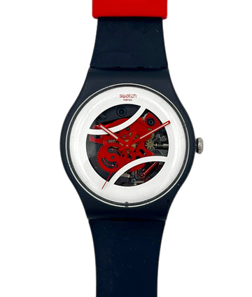 Watch with a red and black face on a white background
