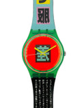 Colorful watch with a red face and green strap on a white background