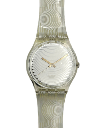 Silver watch with a textured strap on a white background