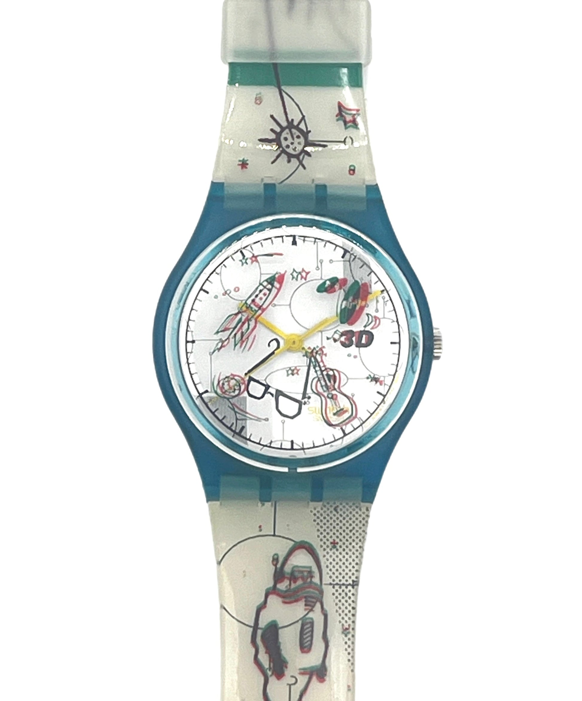 A Swatch wristwatch featuring a translucent white silicone strap and blue case, decorated with whimsical illustrations of a bird, a spider, and a robot on a white background.