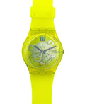 Swatch wrist watch with a translucent neon yellow-green case and matching silicone strap, featuring a patterned dial and a 12-hour display window.