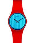 A wrist watch with a bright red silicone strap, a blue textured dial, and a blue top loop, shown against a plain white background.