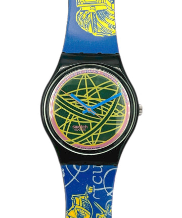 Swatch watch with blue and yellow design on a white background