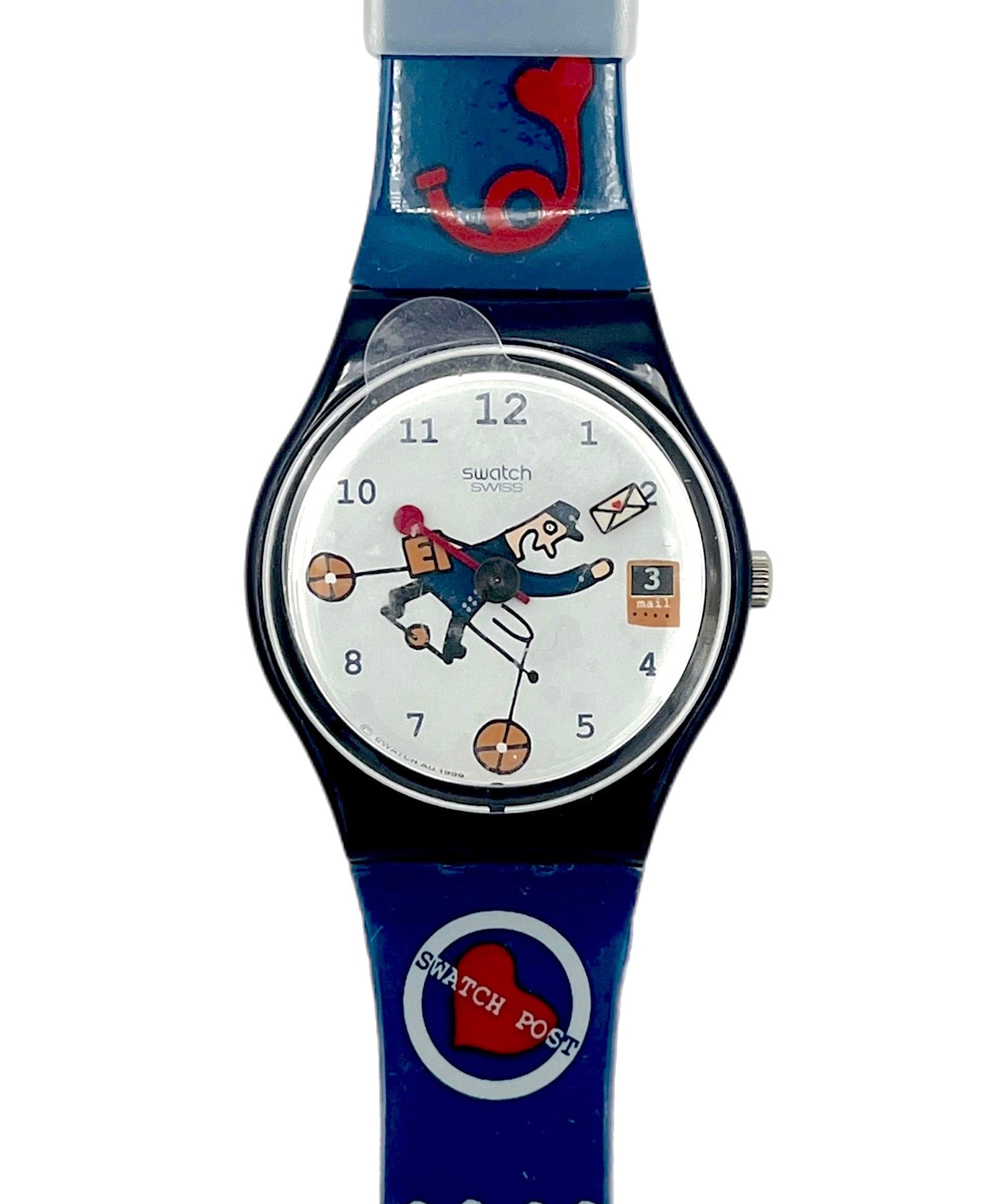 Swatch watch with blue strap and white face on a white background