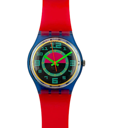 Colorful watch with a red strap on a white background