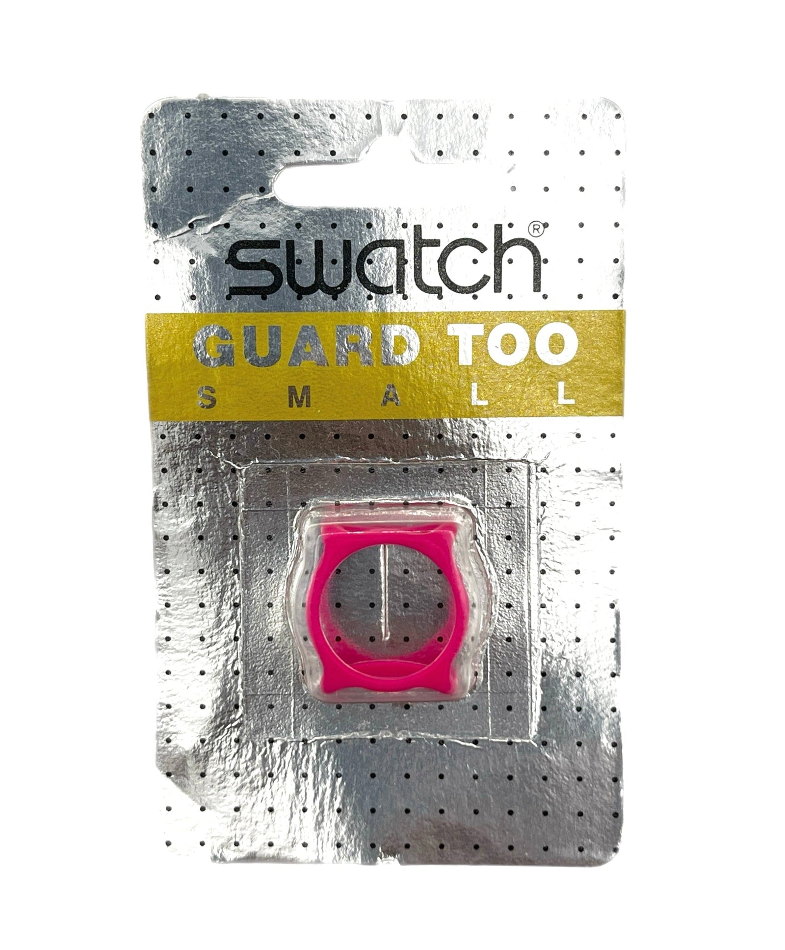 Swatch Guard Too Small replacement guard in bright pink, packaged on a silver and white cardboard backing with a gold banner.