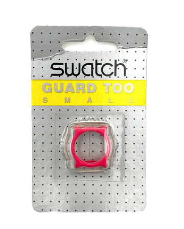 Swatch Guard Too Small ring protector in pink, packaged on a silver and yellow blister card.