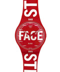 Red Swatch watch with white text on a white background