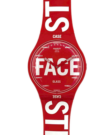 Red Swatch watch with white text on a white background