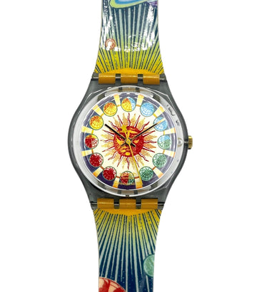 Colorful watch with a space-themed strap on a white background
