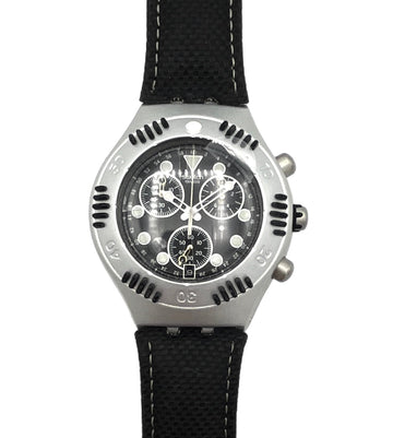Wristwatch with black strap and detailed face on a white background