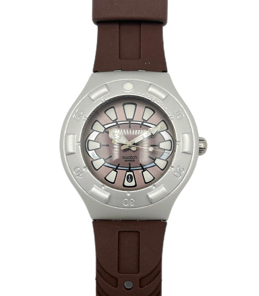 Watch with brown strap and silver case on white background