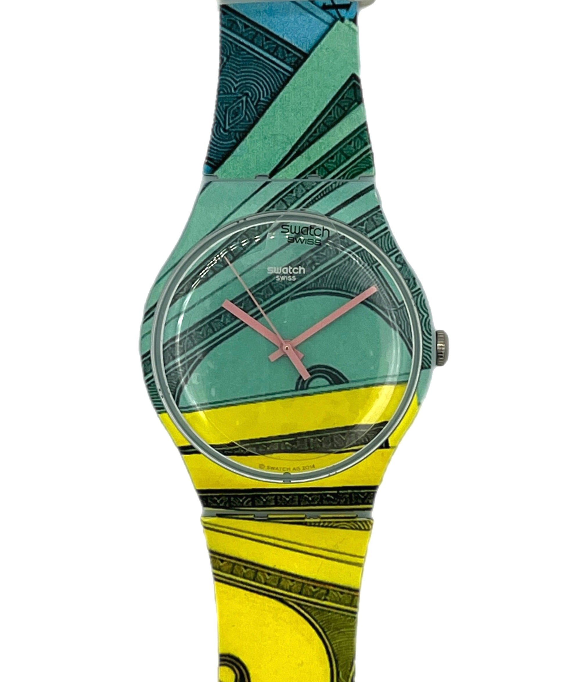 Colorful watch with a patterned strap on a white background