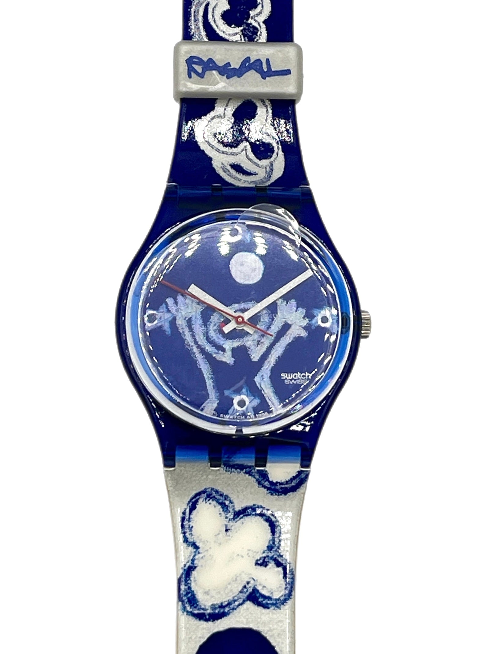 Blue watch with floral design on a white background