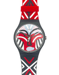 Swizzlin' Swatches wristwatch featuring a bold red, black, and white geometric pattern on the strap and dial, set against a plain white background.