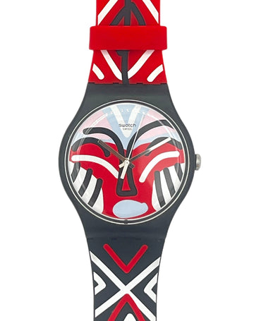 Swizzlin' Swatches wristwatch featuring a bold red, black, and white geometric pattern on the strap and dial, set against a plain white background.