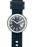 Swatch Swiss wrist watch with a black strap, black dial, and silver-tone case on a white background.