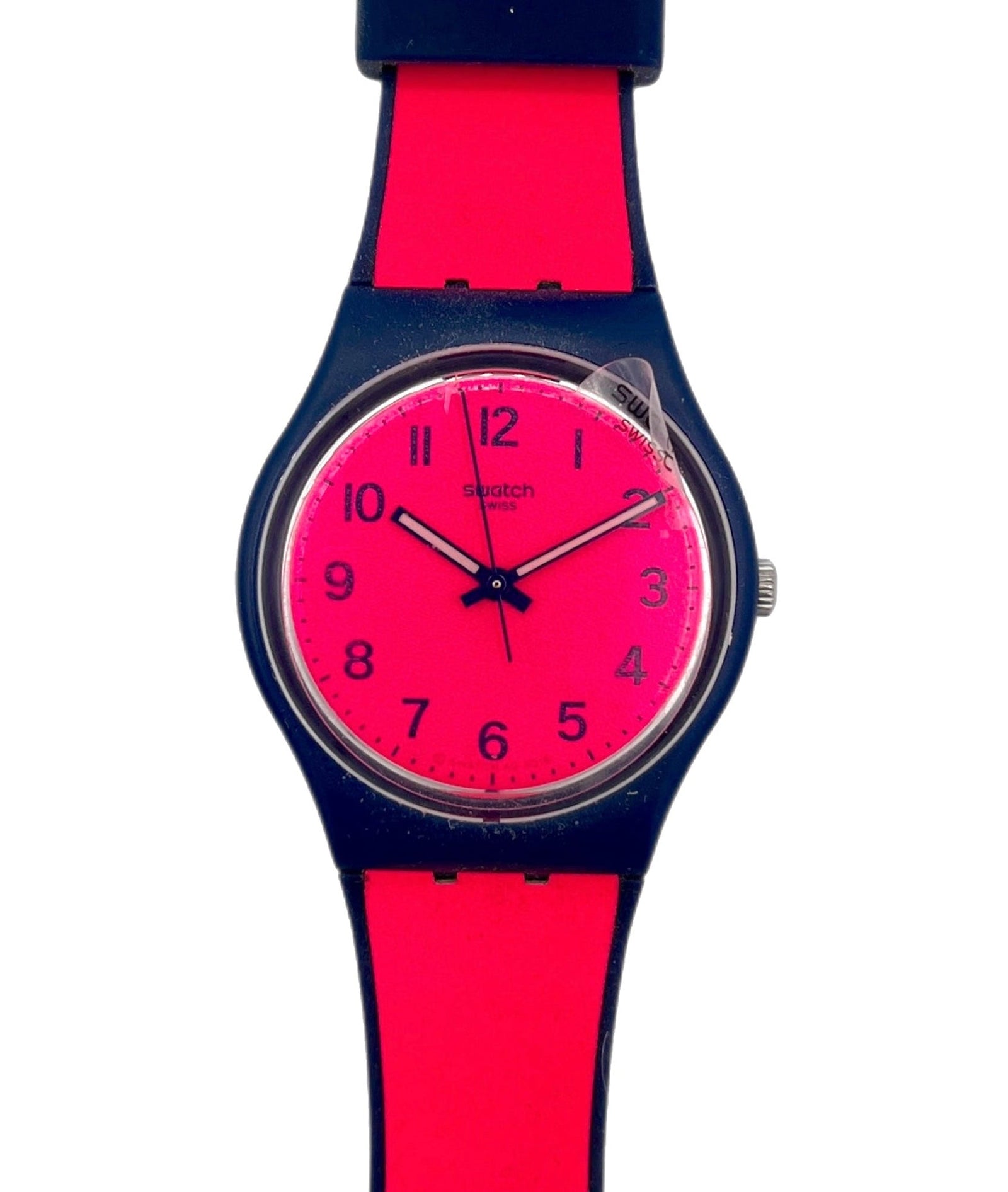 Wristwatch with red and blue strap on a white background